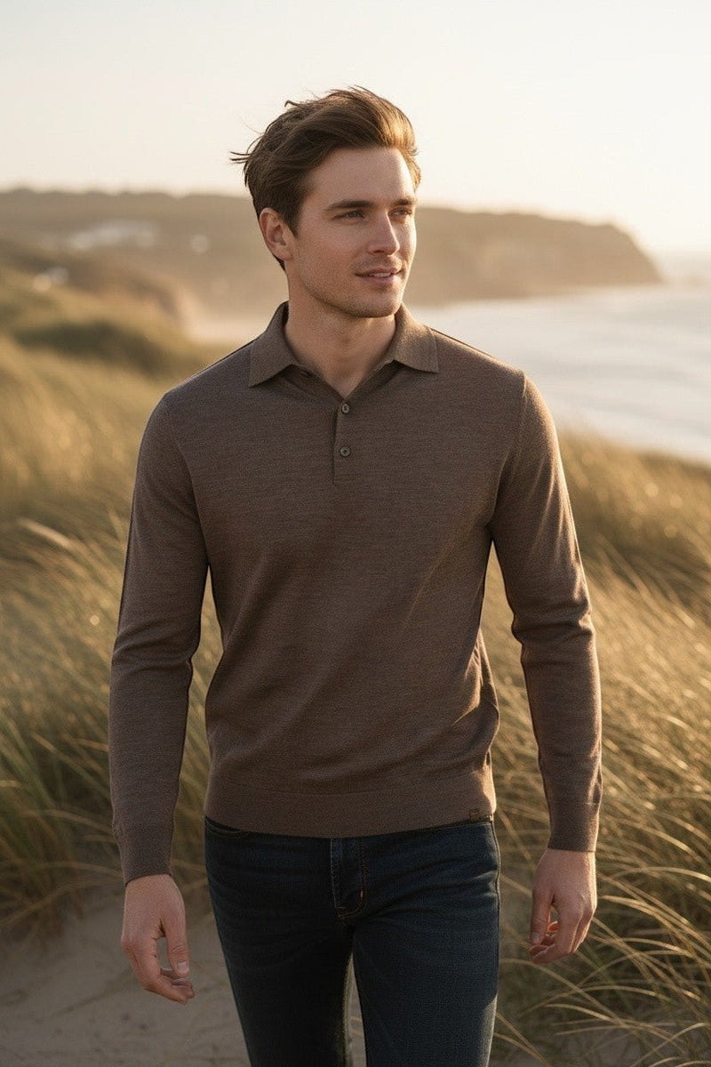 Button Down SF men's long sleeve polo shirt in coffee quartz superfine merino wool with a classic collar and two-button placket.