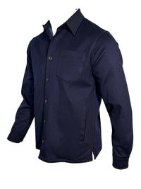 Button Down SF navy cashmere overshirt jacket with chest pocket and button front. Loro Piana Storm System.