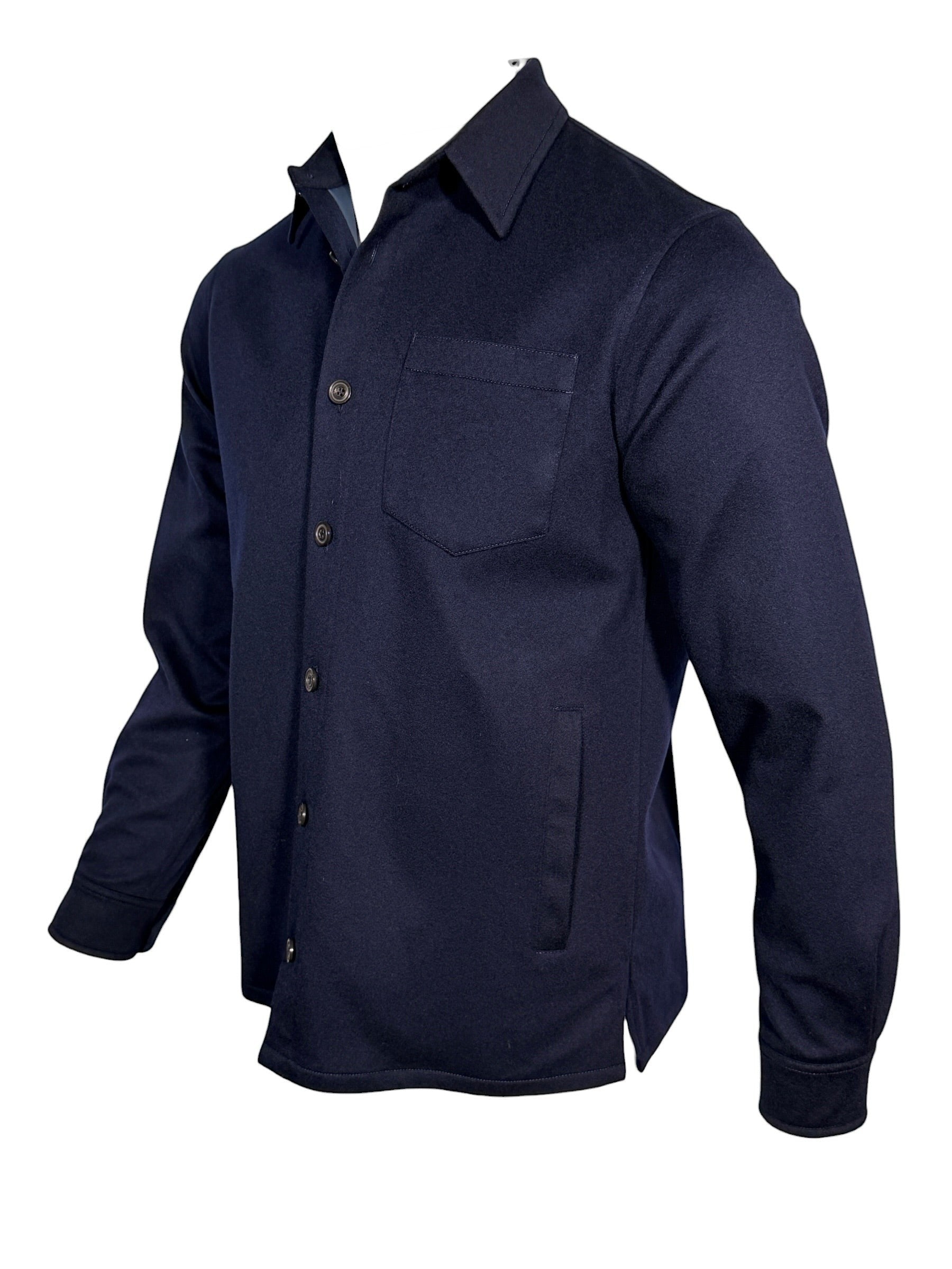 Button Down SF navy cashmere overshirt jacket with chest pocket and button front. Loro Piana Storm System.
