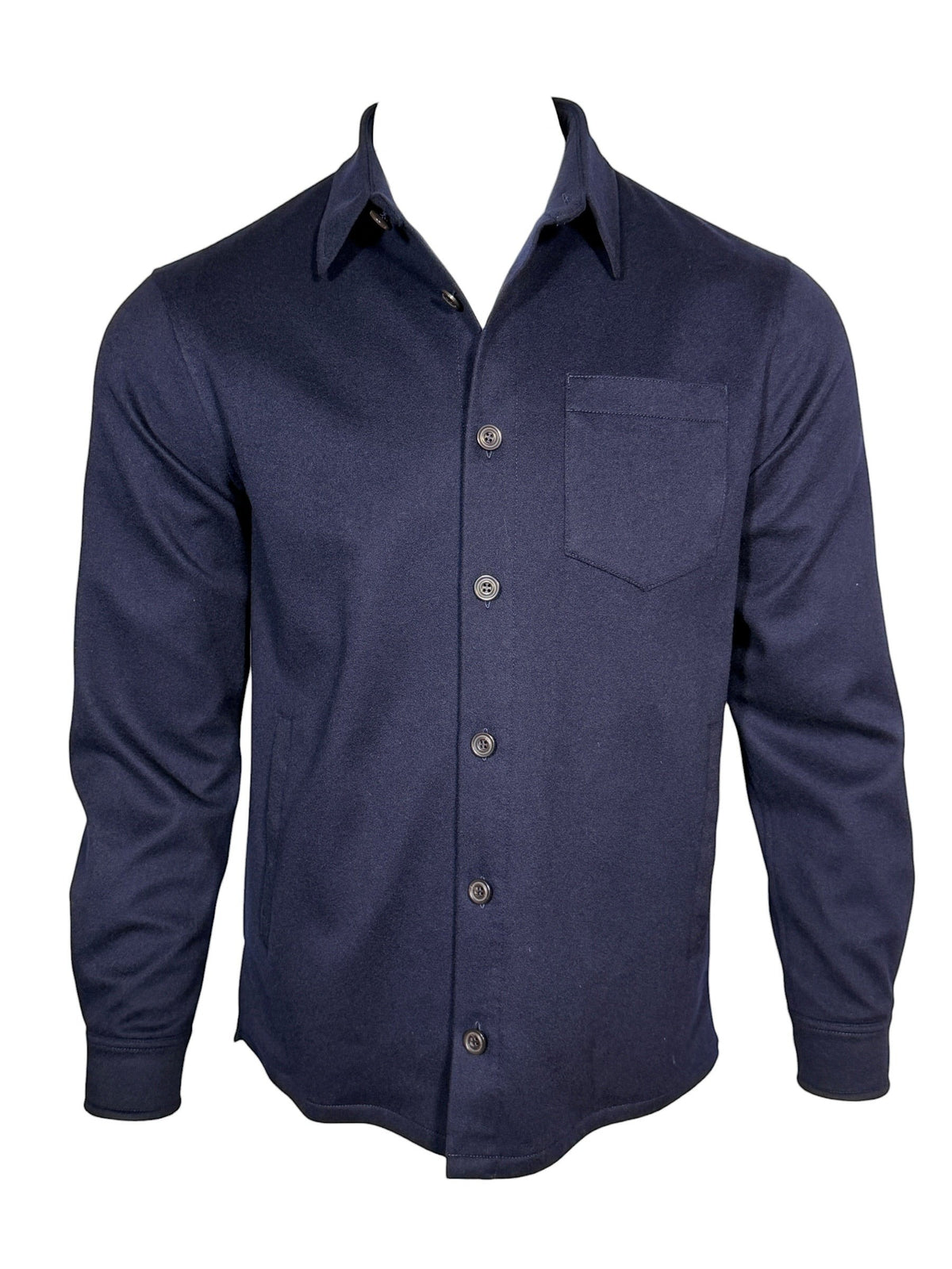 Button Down SF navy cashmere overshirt jacket with button front and chest pocket. Loro Piana Storm System.