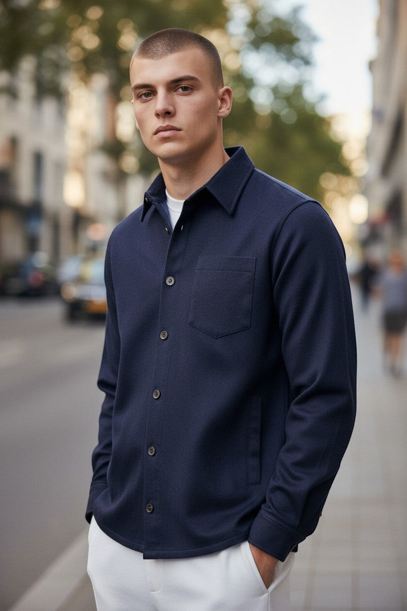 Button Down SF navy Loro Piana cashmere overshirt jacket with chest pocket and button front.
