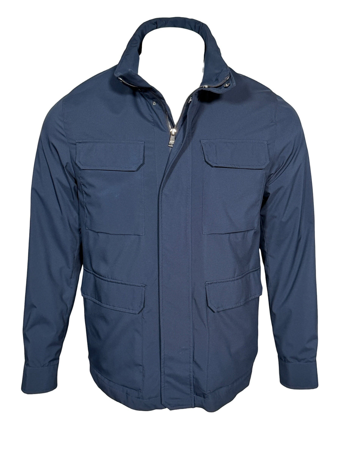 Button Down SF navy blue Typhoon Platinum field jacket with zip closure, snap storm flap, stand-up collar, and four utility pockets.
