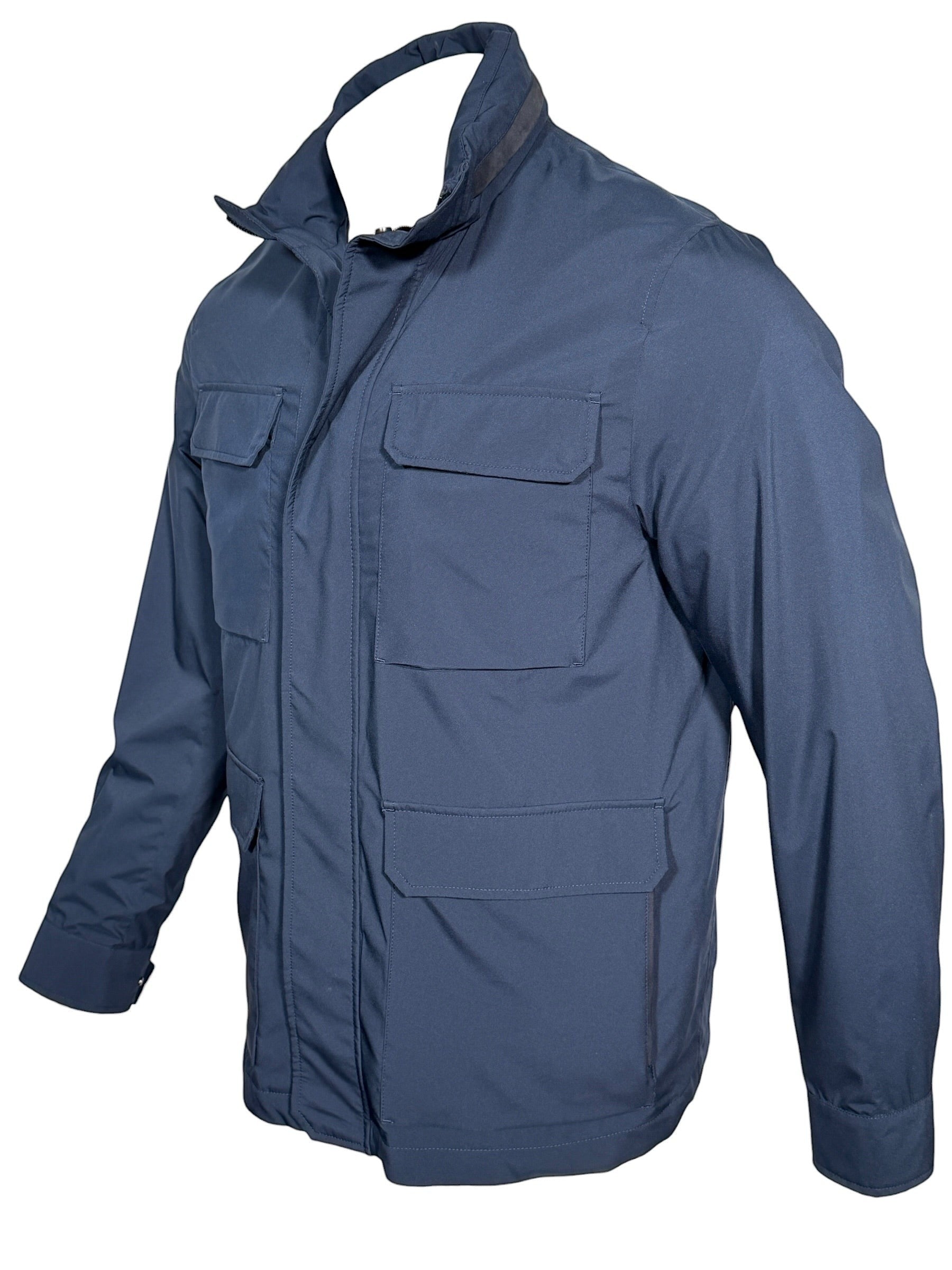 Button Down SF navy blue field jacket with stand-up collar and four front pockets. Durable and functional.