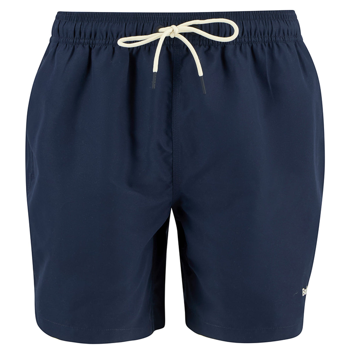 Button Down SF navy blue polyester water-reactive swim shorts with drawcord waistband and embroidered logo.