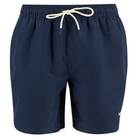 Button Down SF navy blue polyester water-reactive swim shorts with drawcord waistband and embroidered logo.