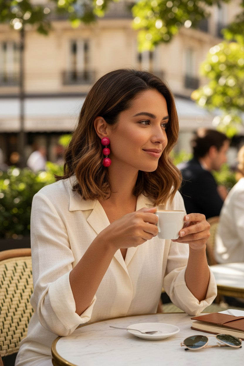 Button Down SF small double pink sphere clip-on earrings made of resin and gold-plated brass.