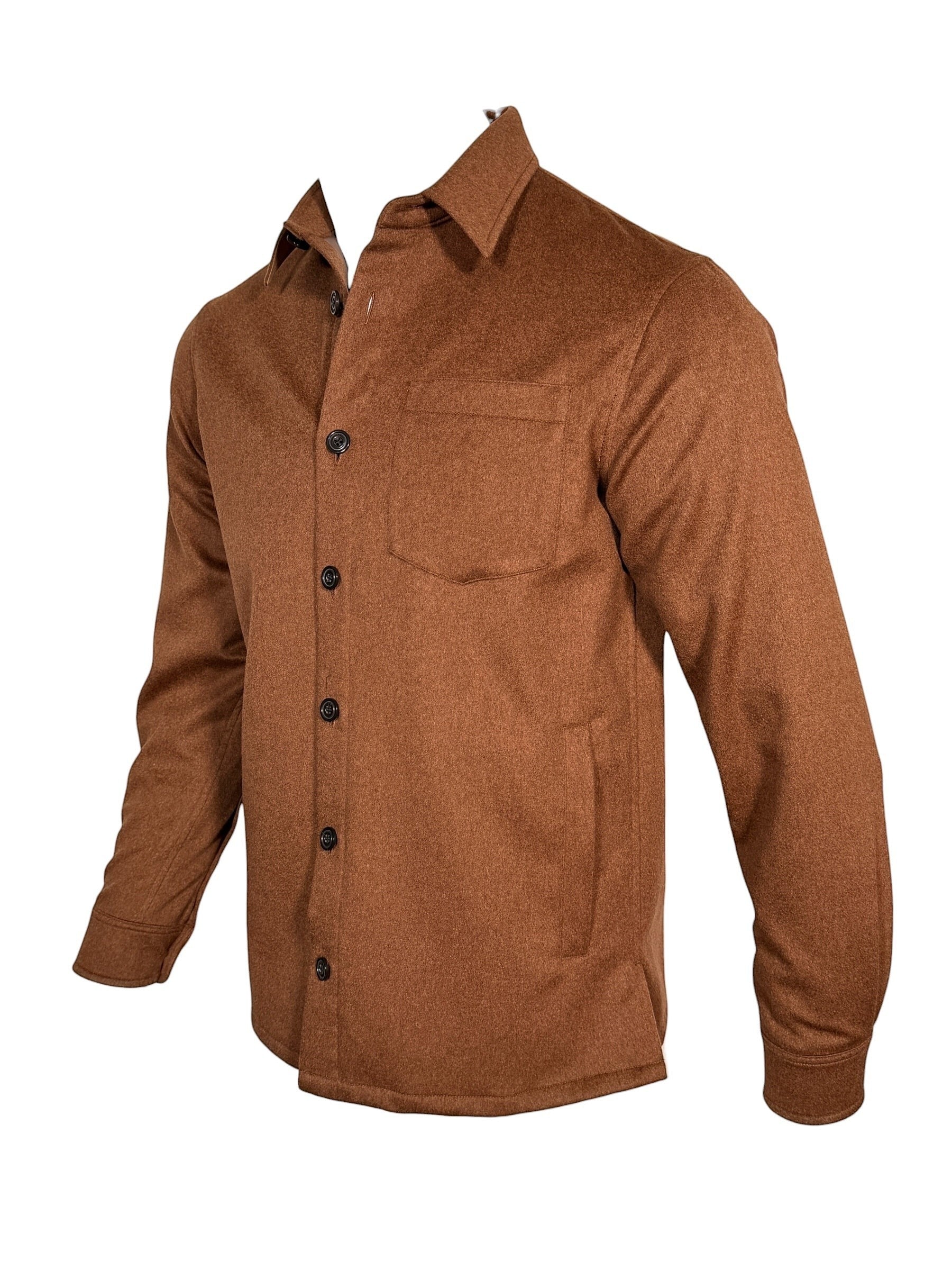 Button Down SF Tabasco brown 100% cashmere overshirt jacket with button-down front and chest pocket.