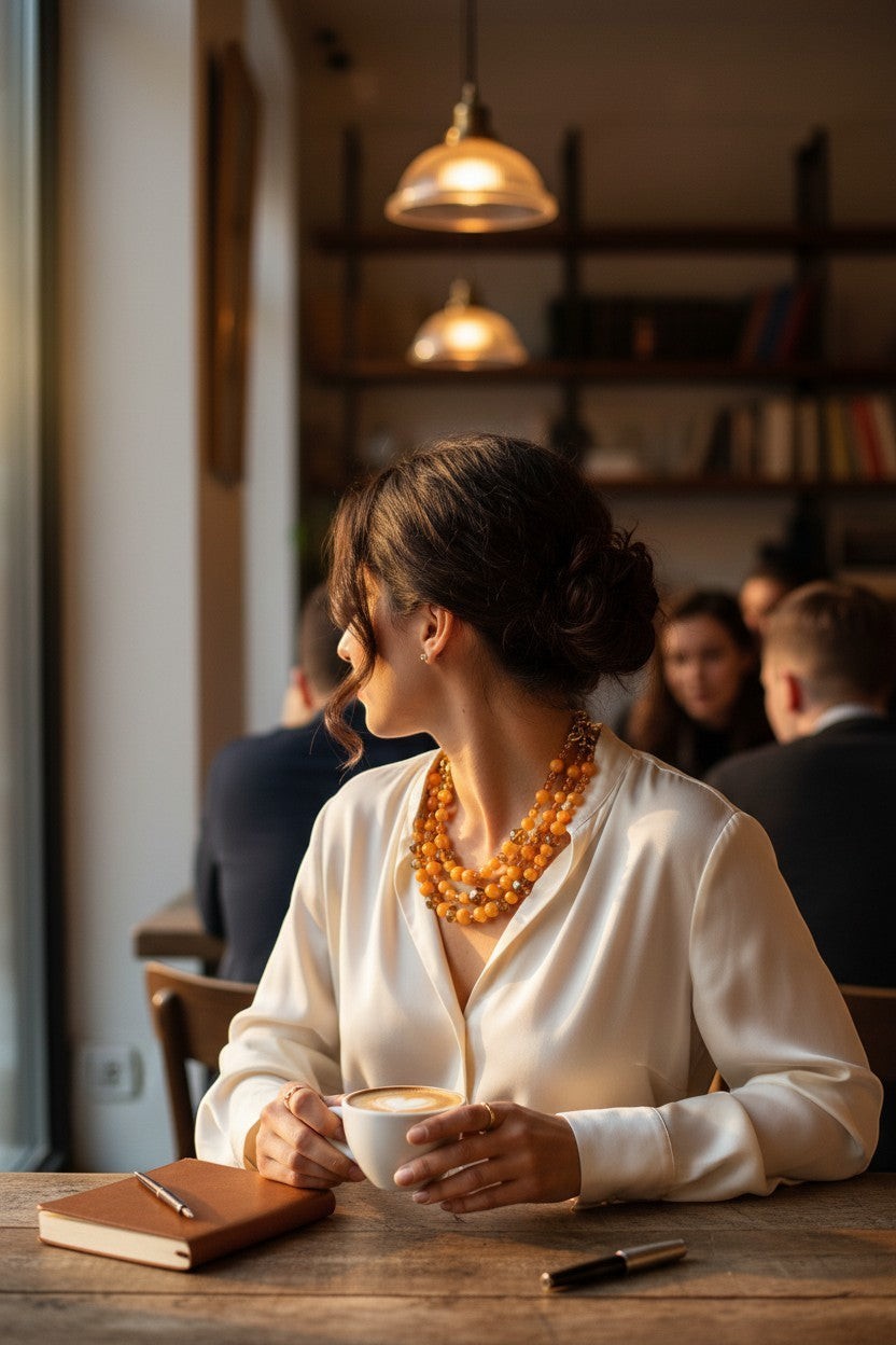 Button Down SF FRANCINE BRAMLI PARIS amber resin beaded layered necklace with crystal accents.