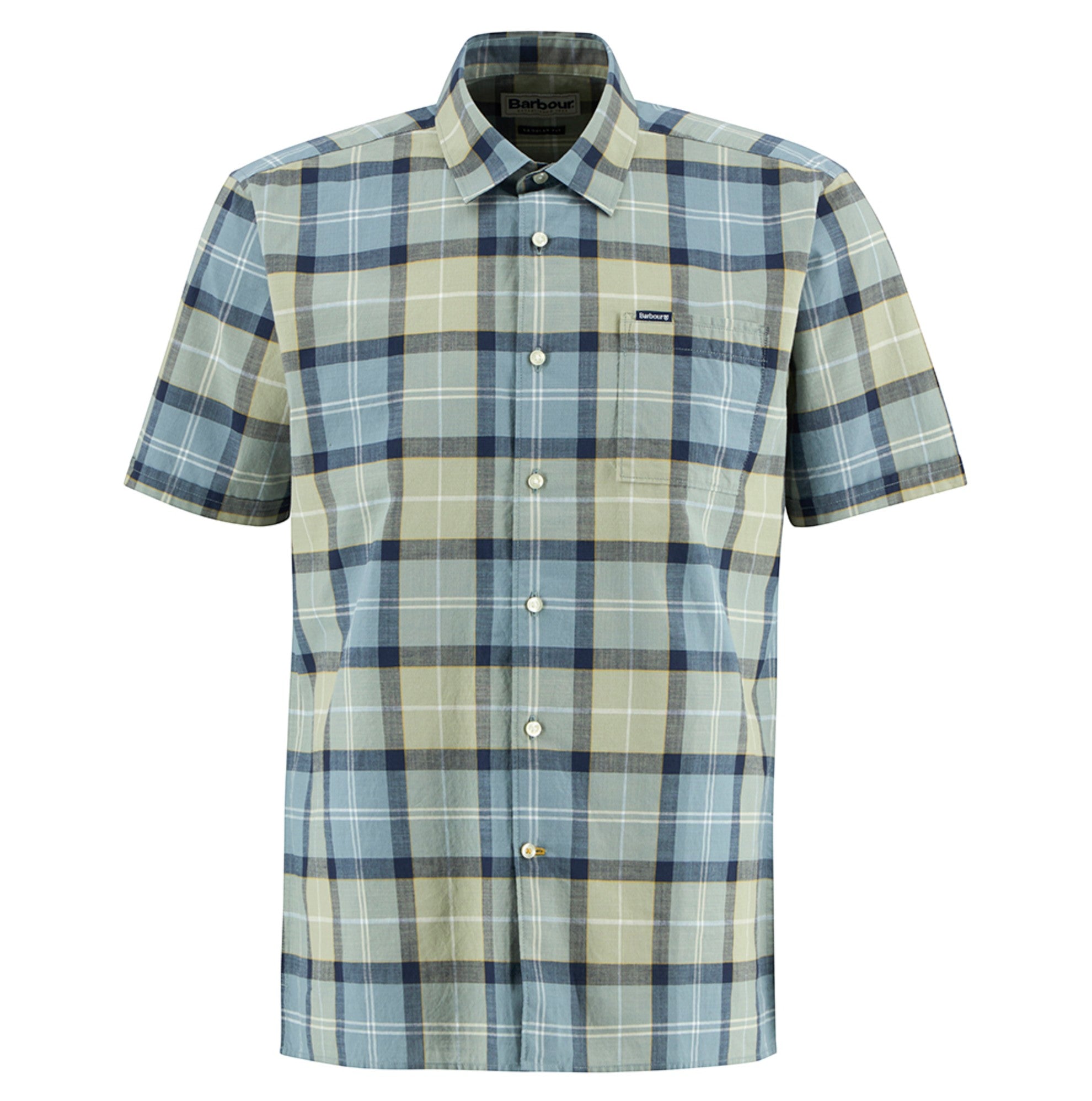 Button Down SF Barbour short-sleeved shirt in Highland Lake tartan pattern, featuring a slub weave 100% cotton fabric and a chest pocket.