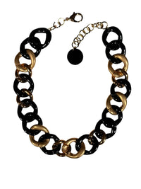 Button Down SF chunky chain link necklace in black resin and brushed gold tones, made in Paris.