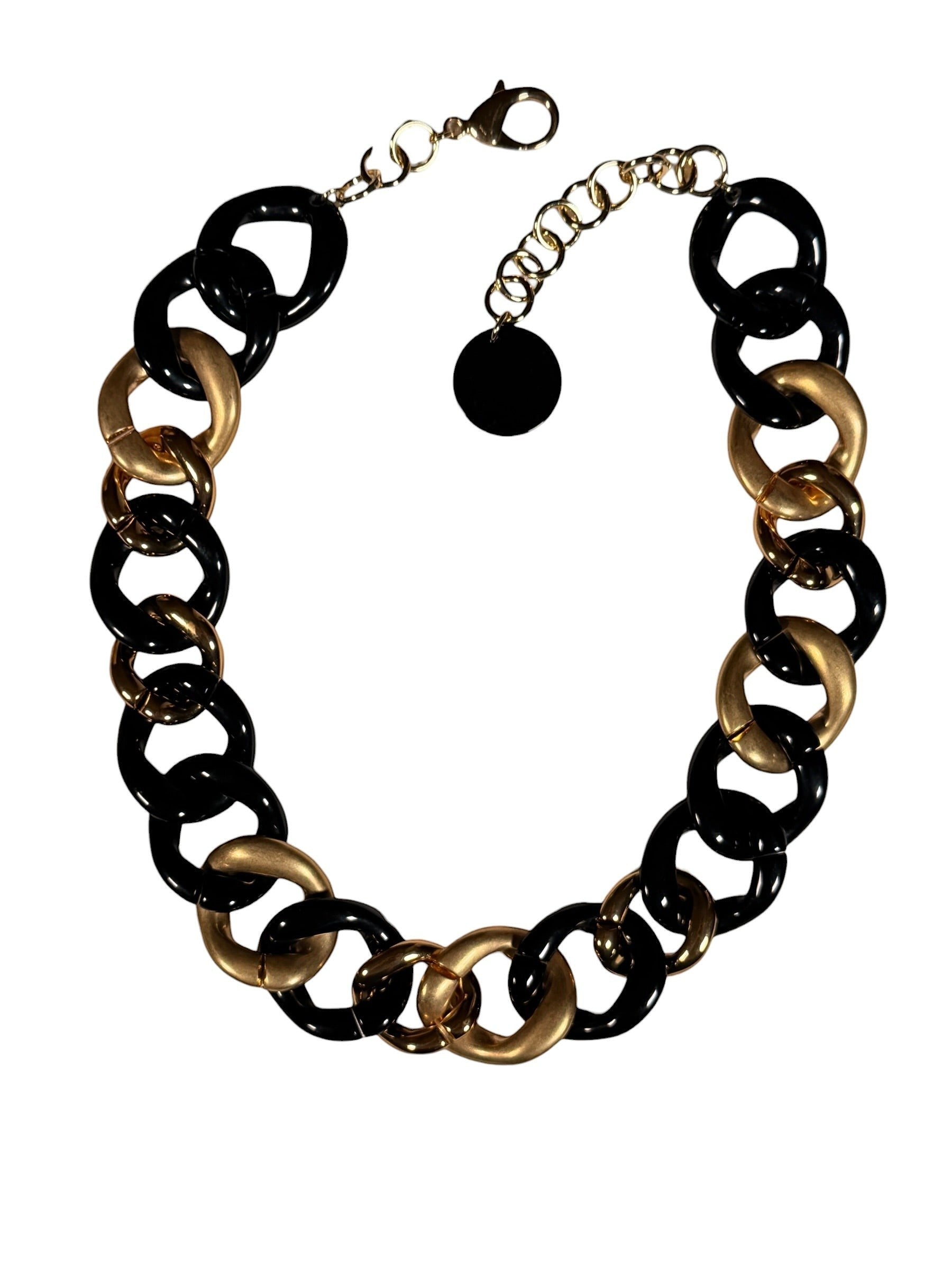 Button Down SF chunky chain link necklace in black resin and brushed gold tones, made in Paris.