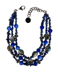 Button Down SF multi-strand necklace with blue chip beads, round blue beads, and faceted grey crystals. Adjustable length.