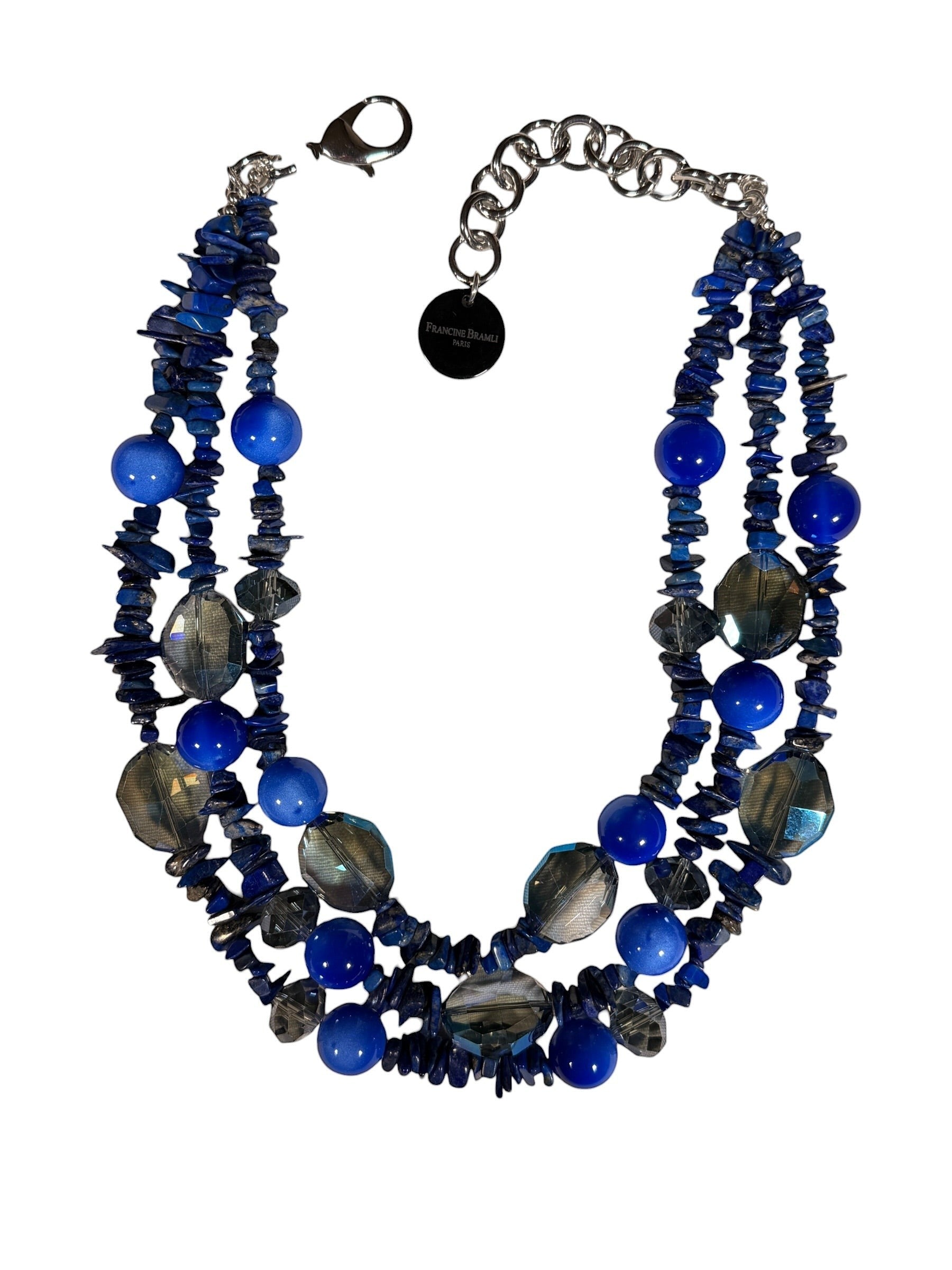 Button Down SF multi-strand necklace with blue chip beads, round blue beads, and faceted grey crystals. Adjustable length.