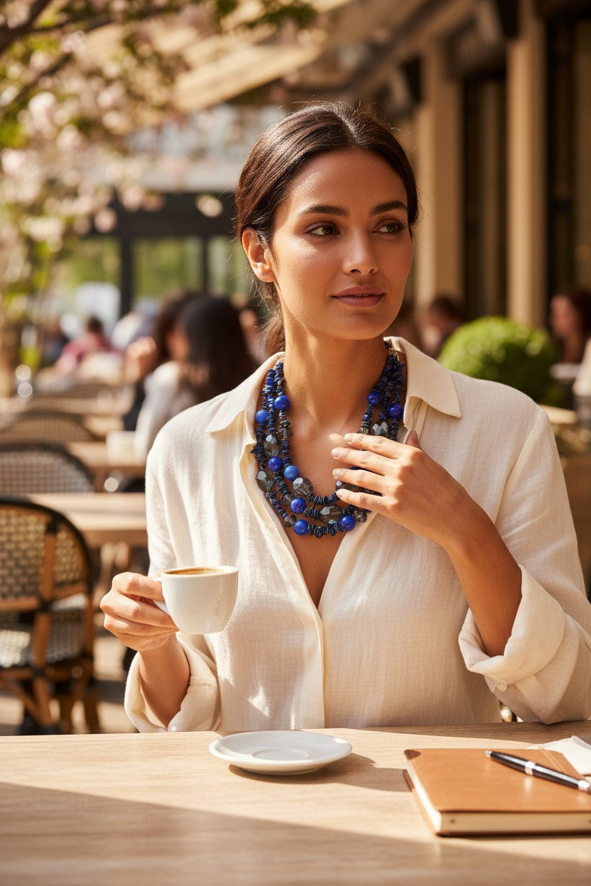 Button Down SF three-strand blue beaded necklace with crystals and gold-plated brass clasp. Made in Paris.