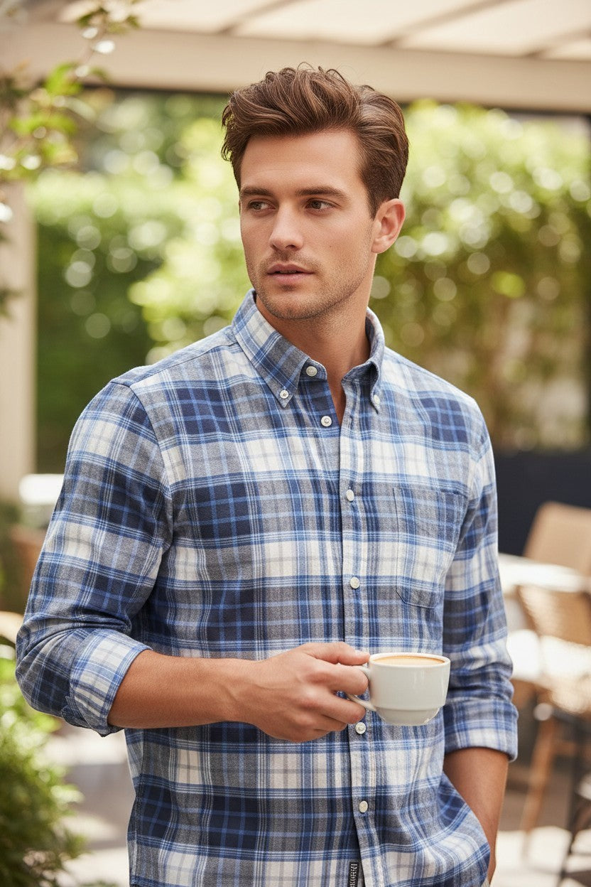 Button Down SF blue and white plaid sport shirt with button-down collar and single pocket. Cotton blend.