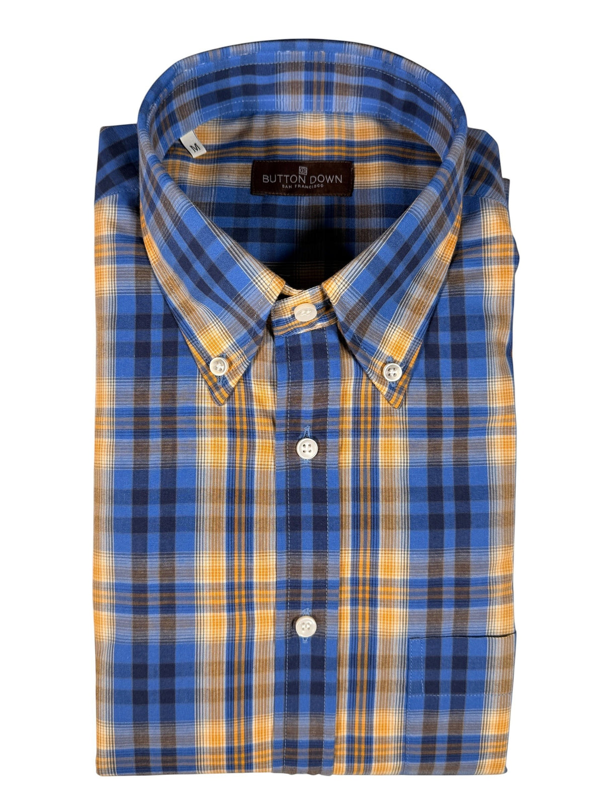 Button Down SF blue and yellow plaid sport shirt. Classic fit, button-down collar, single pocket. 55% Cotton, 45% Polyester.