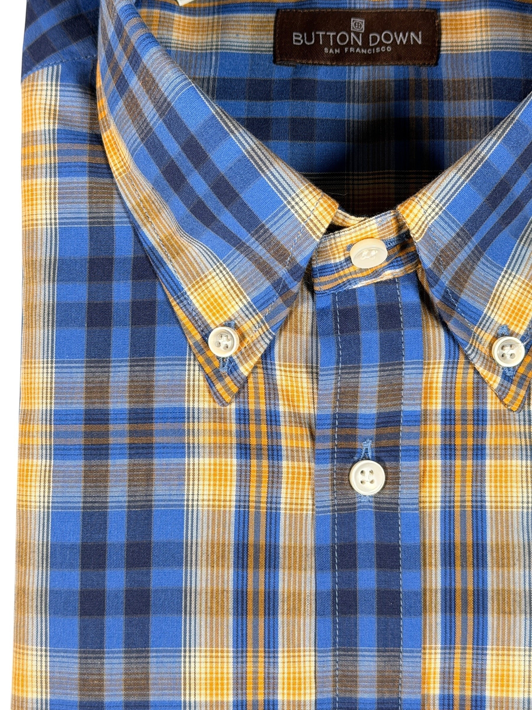 Button Down SF blue and yellow plaid sport shirt with button-down collar and single pocket. 55% Cotton, 45% Polyester.