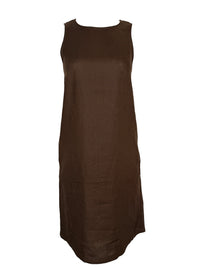 Button Down SF brown linen sleeveless A-line midi dress with round neckline