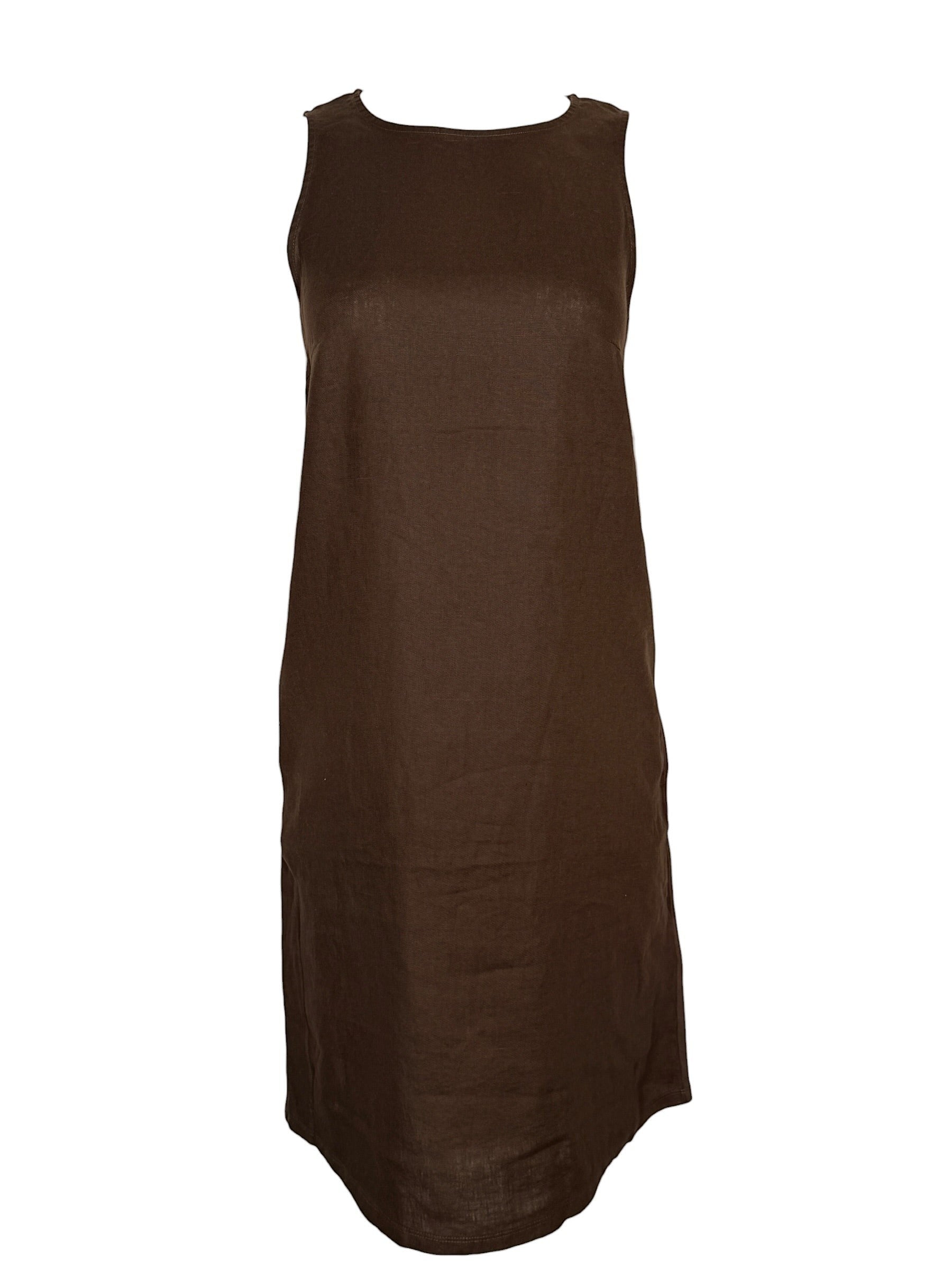 Button Down SF brown linen sleeveless A-line midi dress with round neckline
