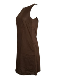 Button Down SF brown linen sleeveless A-line dress with round neckline. 100% linen front, jersey back.