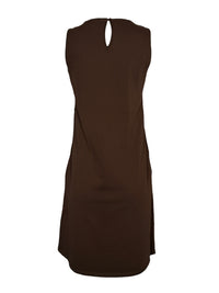 Button Down SF brown linen sleeveless A-line dress with round neckline and keyhole back detail.