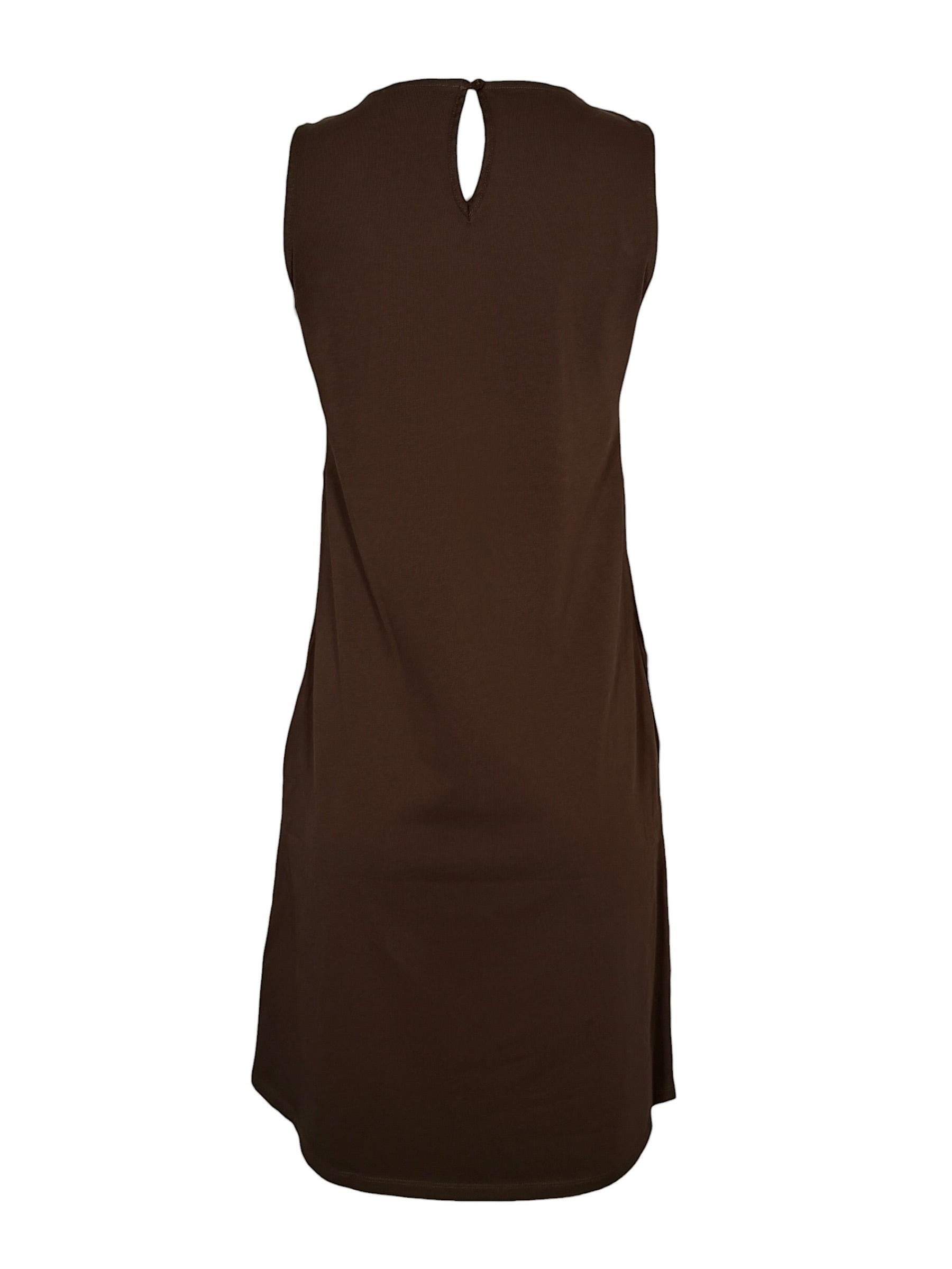 Button Down SF brown linen sleeveless A-line dress with round neckline and keyhole back detail.
