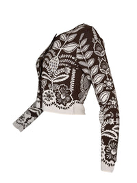 Button Down SF brown and white floral knit cropped cardigan with button-front closure and long sleeves.