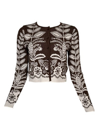 Button Down SF brown and white floral knit cardigan with button front and long sleeves.