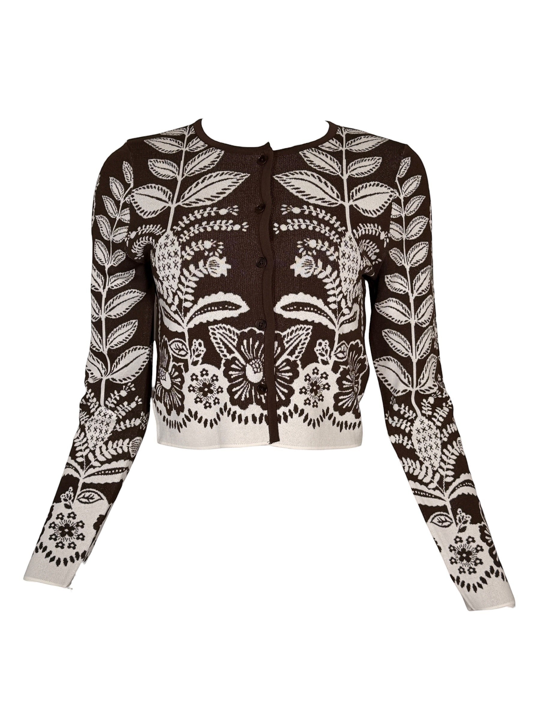 Button Down SF brown and white floral knit cardigan with button front and long sleeves.