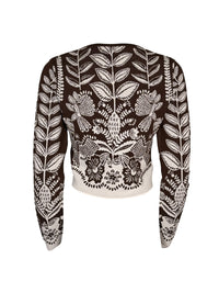 Button Down SF brown and white floral knit cardigan with botanical motifs and cropped silhouette.