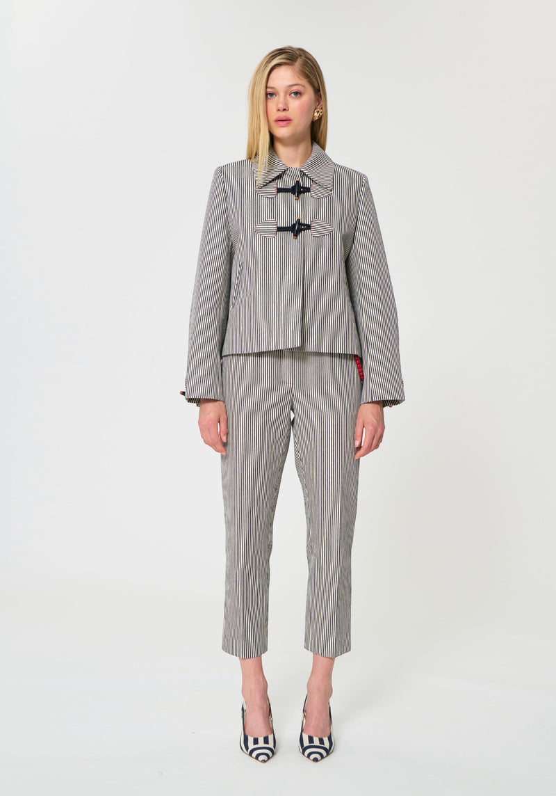 Button Down SF ecru stripe cotton duffle jacket and trousers set with toggle closure and classic collar.