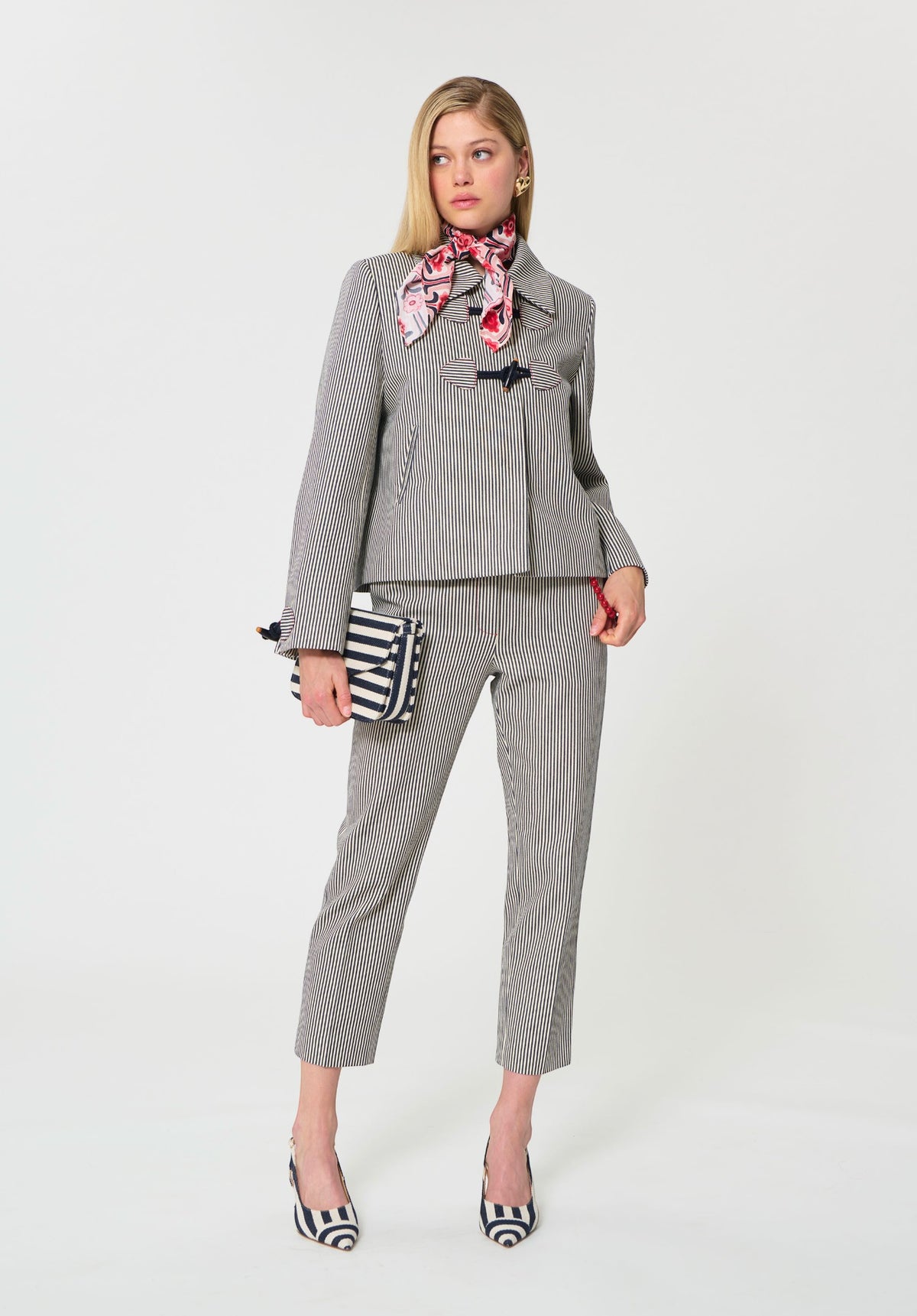 Button Down SF ecru striped cotton duffle jacket and trouser set with toggle closure and classic collar.