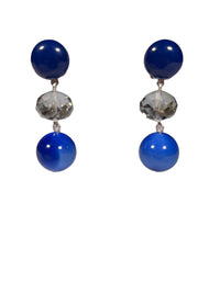 Button Down SF FRANCINE BRAMLI PARIS blue beaded drop earrings with clear crystal accents. Made in Paris.