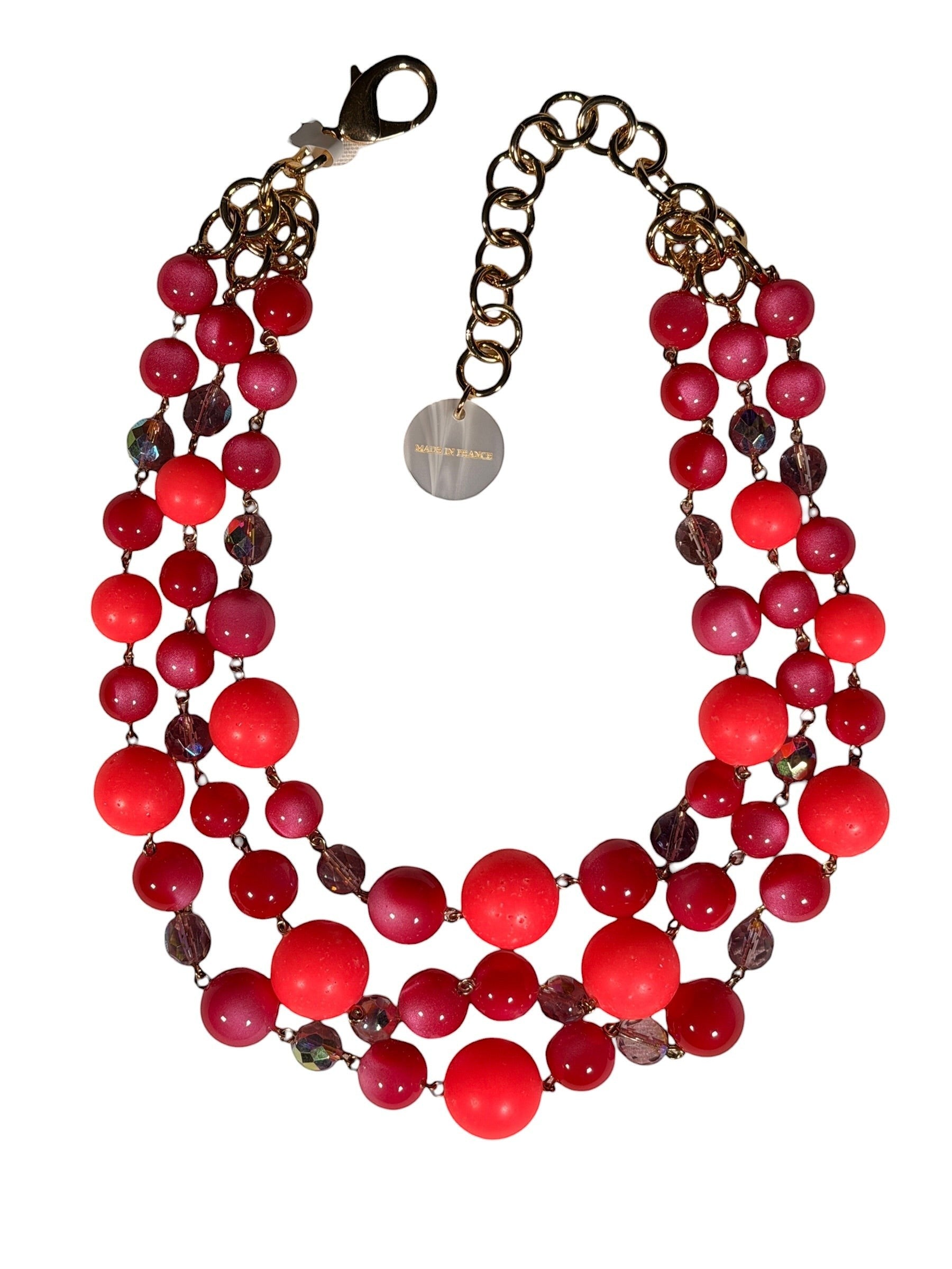 Button Down SF FRANCINE BRAMLI PARIS multi-strand red & coral beaded statement necklace with crystal accents.