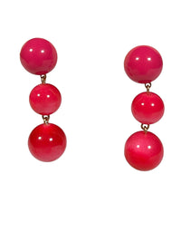 Button Down SF fuchsia resin triple ball drop earrings with glossy finish and nickel-free brass details.