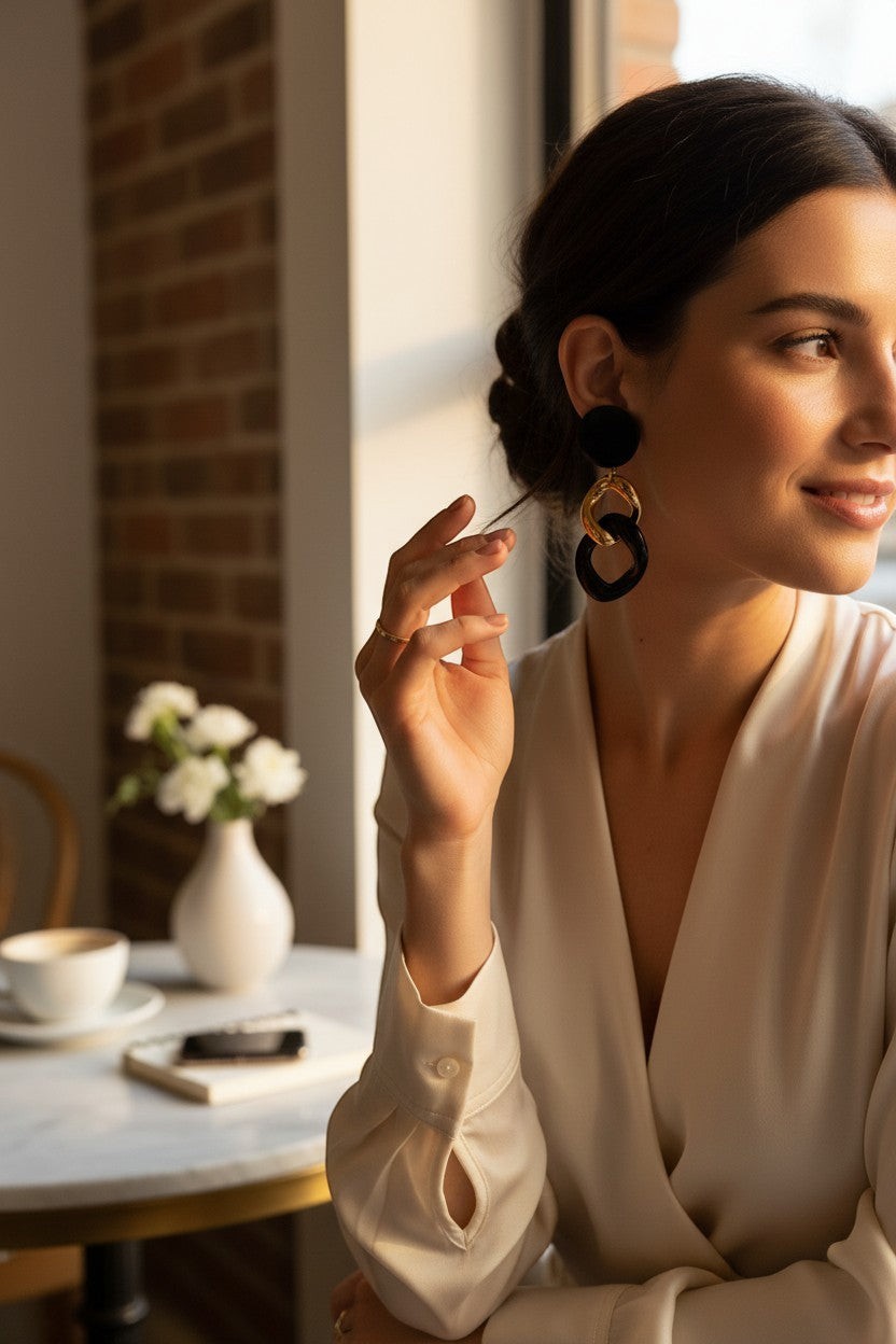 Button Down SF gold-tone and black resin interlocking chain drop earrings. Polished gold stud with cascading black resin links.