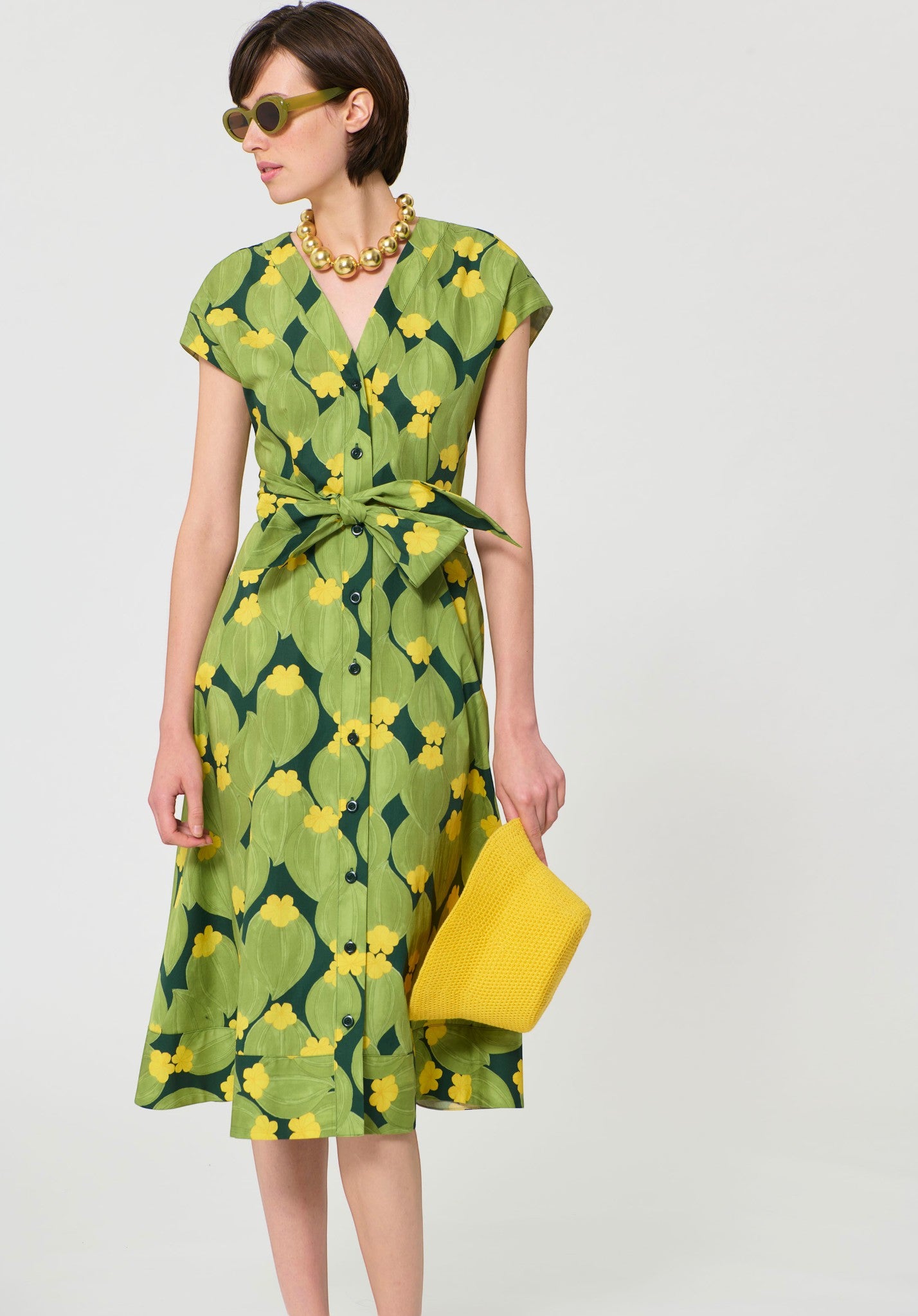 Button Down SF green and yellow botanical print midi dress, 100% cotton, V-neck, short sleeves, self-tie waist, button front.