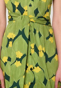 Button Down SF green and yellow botanical print midi dress with V-neck, short sleeves, and tie waist.