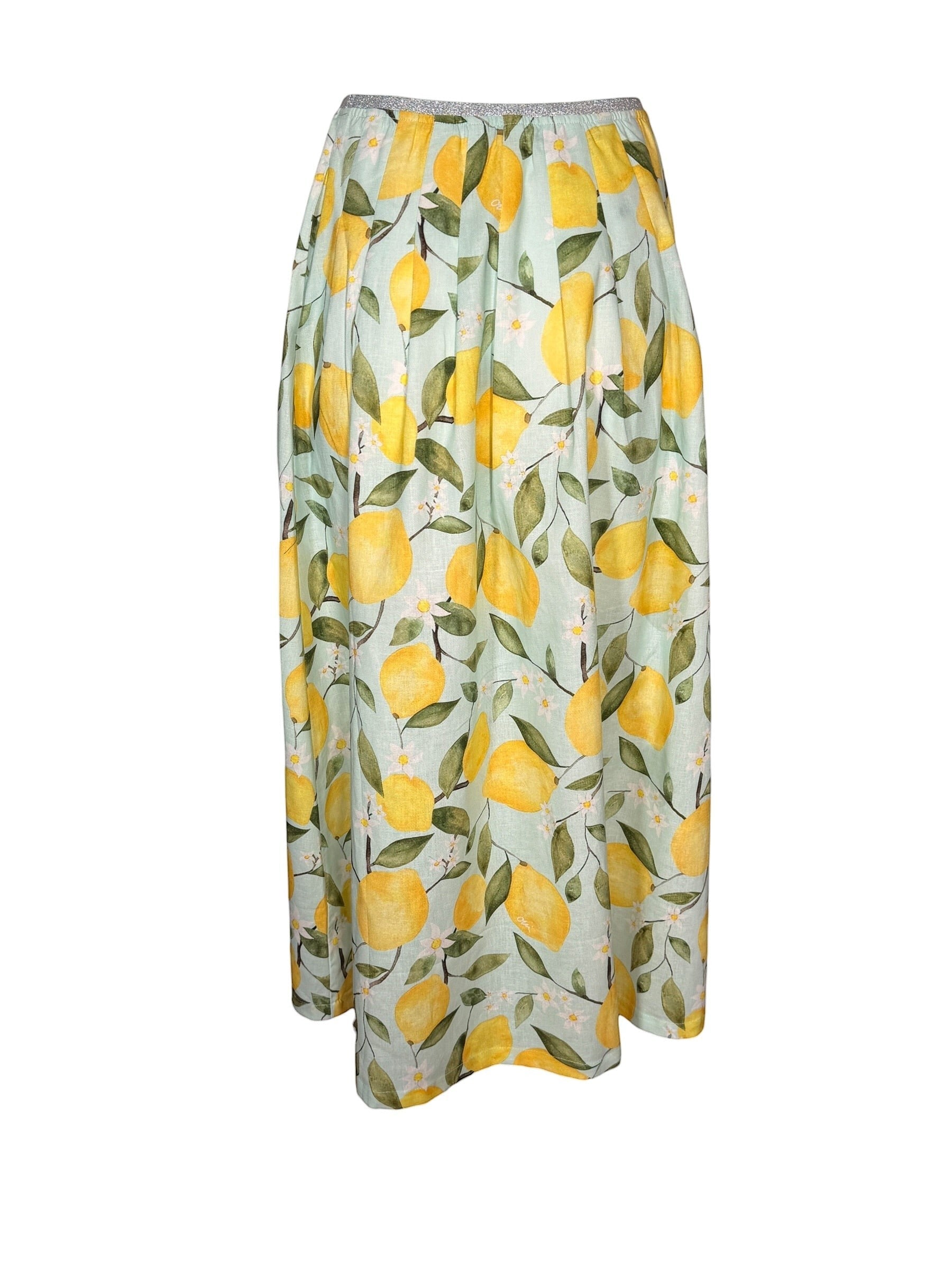 Button Down SF OUI Lemons midi skirt in green and yellow with all-over lemon print, elasticated waist, and metallic thread detail.