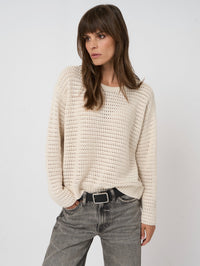 Button Down SF ivory waffle knit crew neck sweater with open-stitch detail, made from cotton blend.