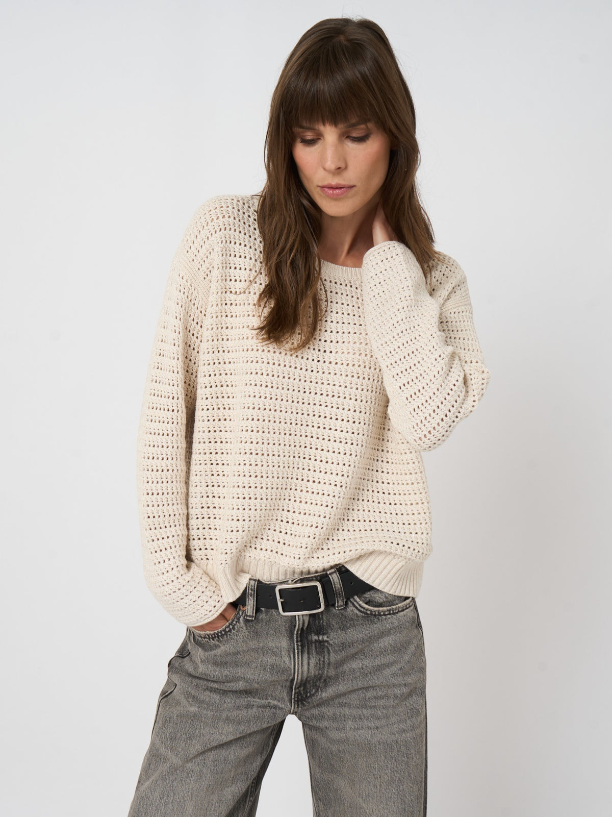 Button Down SF ivory open-stitch knit crew neck sweater with metallic fibre detail. Cotton blend.