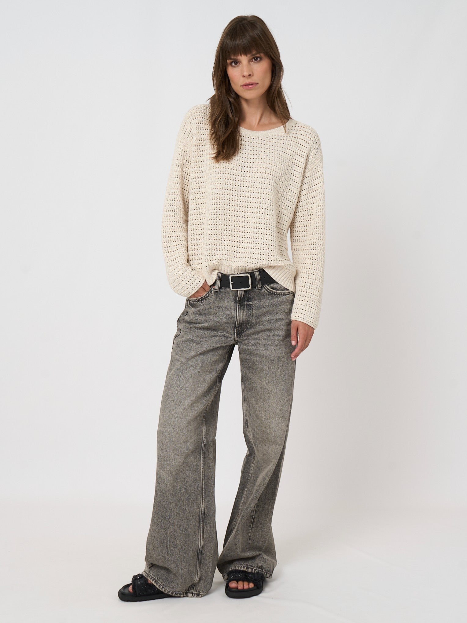 Button Down SF ivory open-stitch knit crew neck sweater made of cotton blend with relaxed fit.