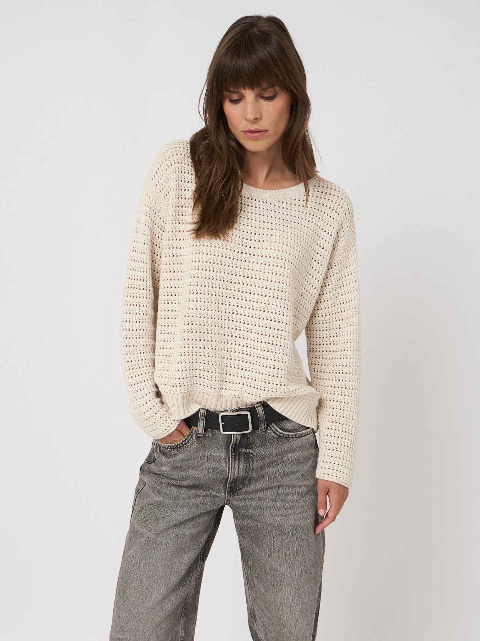 Button Down SF ivory open-stitch knit crew neck sweater made of cotton blend with metallic fibers.
