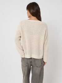 Button Down SF ivory waffle knit crew neck sweater with open-stitch detail, made from cotton blend.