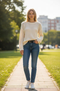 Button Down SF ivory waffle knit crew neck sweater made of cotton blend with open-stitch detail.