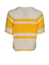 Button Down SF lemon and white stripe cotton short sleeve sweater with crew neck.