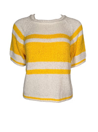 Button Down SF lemon and white striped short sleeve cotton sweater with crew neck.