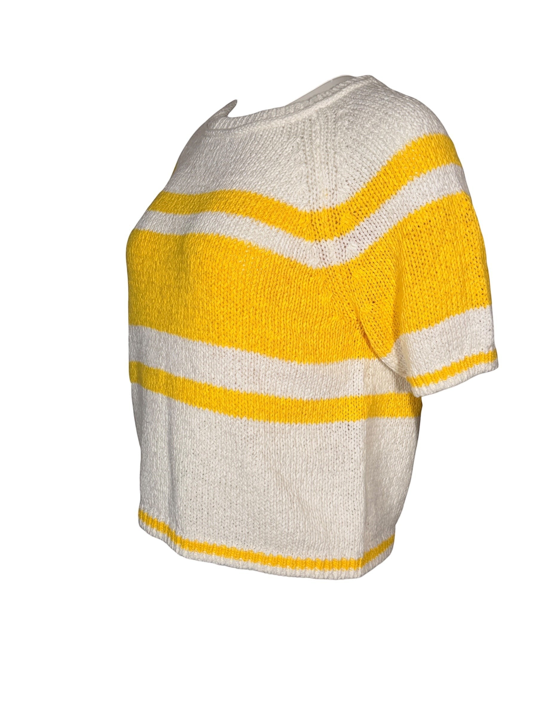 Button Down SF lemon and white striped short sleeve cotton sweater with crew neck.