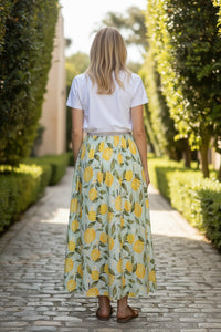 Button Down SF OUI Lemons midi skirt in green with yellow lemon print, A-line silhouette, elasticated waist with metallic thread.