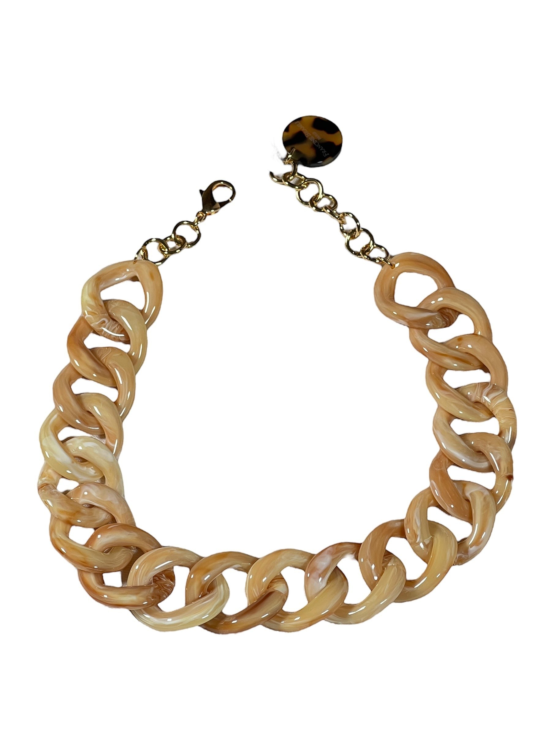Button Down SF marbled beige and cream resin link necklace with gold chain detail and tortoise shell charm.